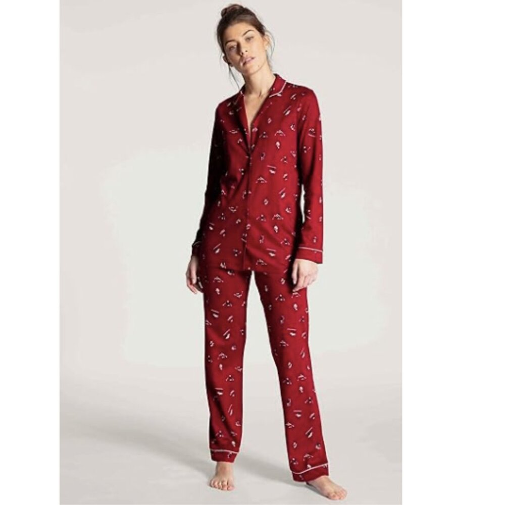 Calida Winter Dreams Cotton 2-Piece Pajama Set Red Skier Print Women's Size XS - Picture 9 of 10